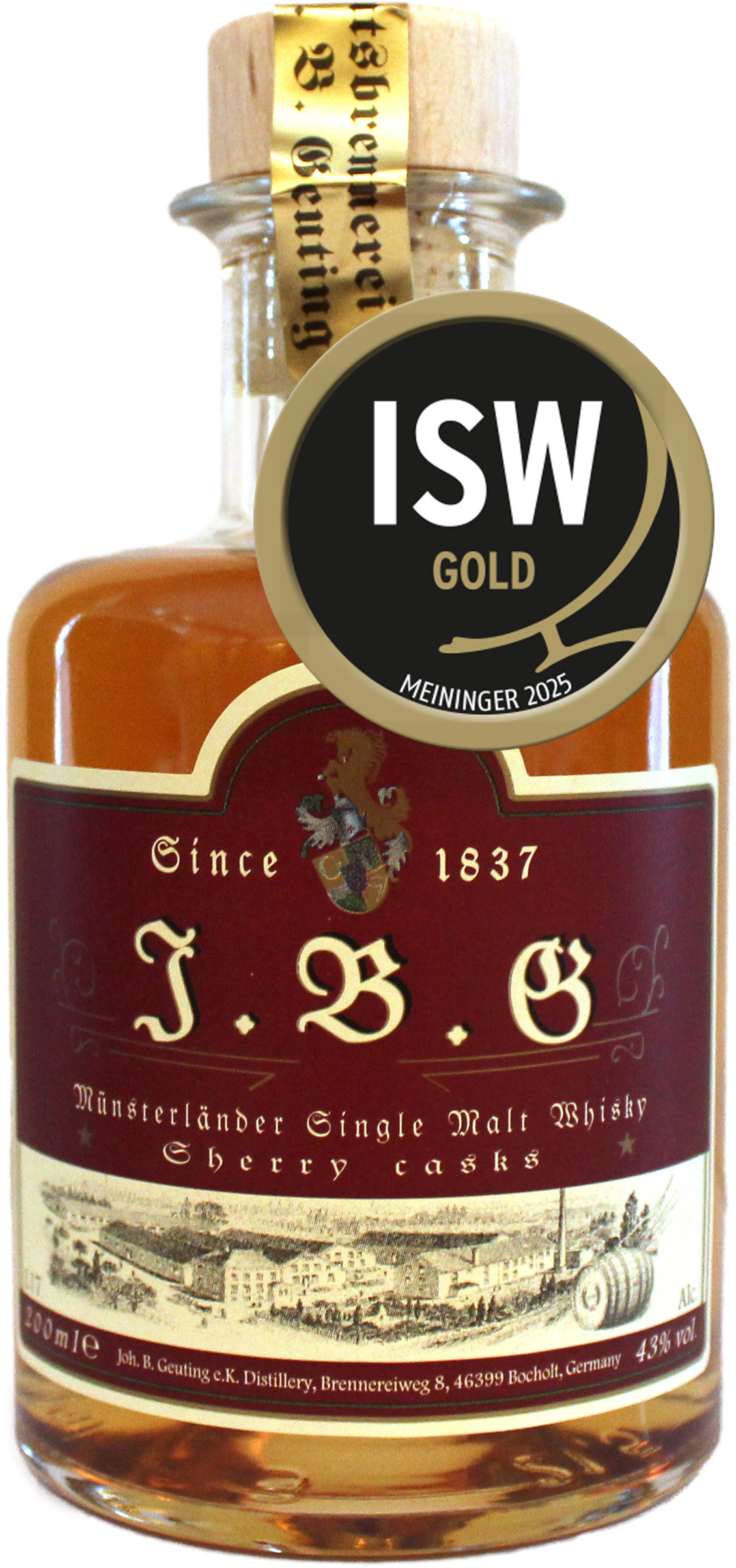 J.B.G Münsterländer Single Malt Whisky, 43 %vol., 6 Jahre alt, Sherry Oloroso cask.