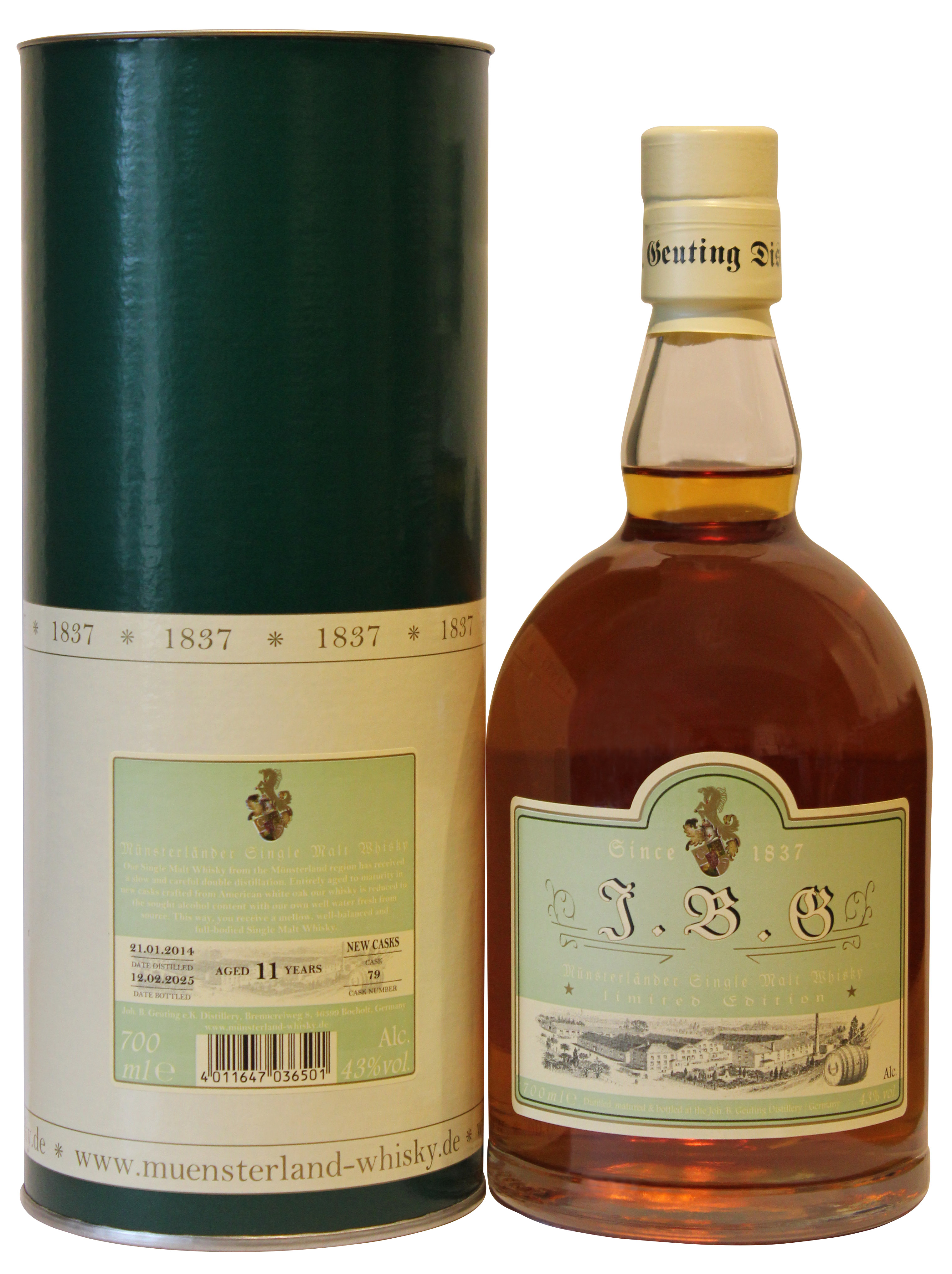 J.B.G Münsterländer Single Malt Whisky, 43%vol., 11 Jahre, gereift im neuen Fass.