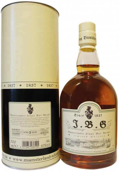 J.B.G Münsterländer Single Malt Whisky, 43%vol., 5 Jahre alt, ex Bourbon Barrels.