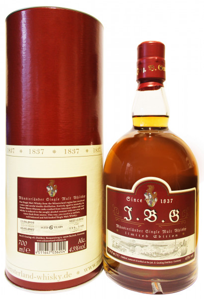 J.B.G Münsterländer Single Malt Whisky, 43%vol., 6 Jahre alt, Sherry Oloroso cask.