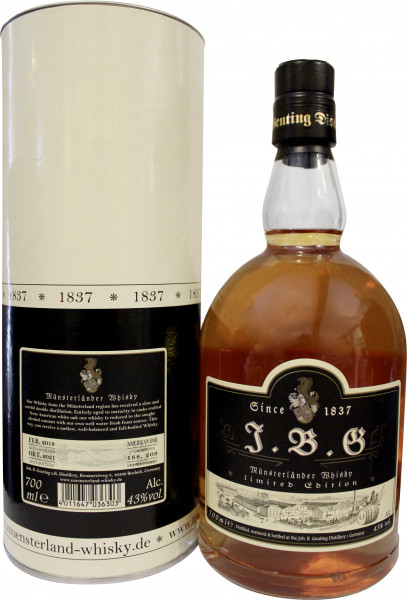 J.B.G Münsterländer Whisky 43%vol., gereift in neuen Fässern.